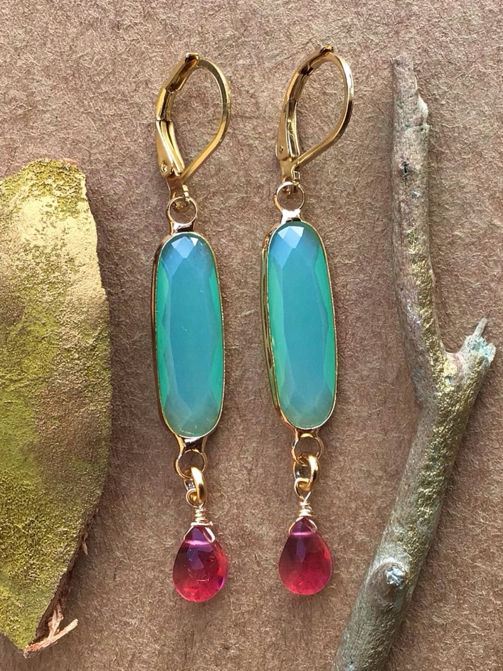 Blue mint chalcedony bezel rubellite tourmaline quartz 24k gold plated Earrings